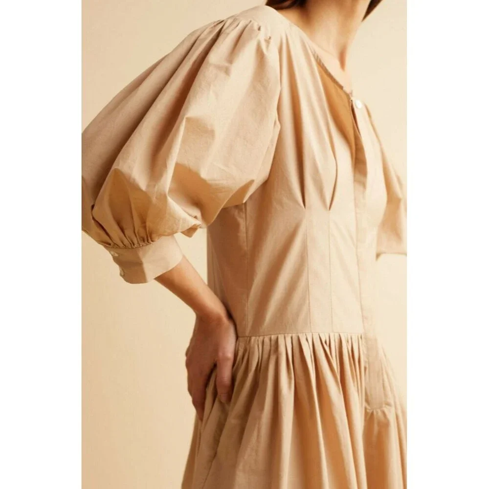 Merlette Montague Midi Dress Puff Sleeve Sandstone Beige Cotton Resort XS 216478 - Picture 4 of 10